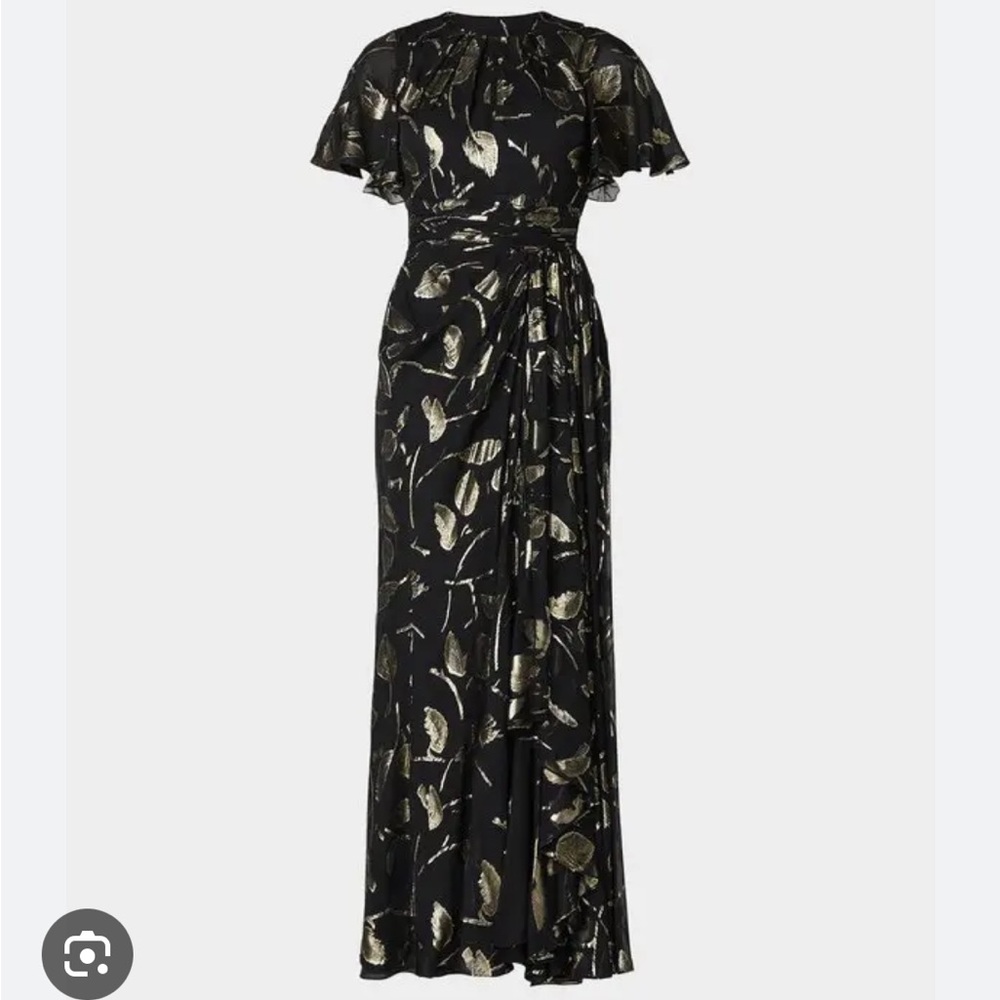 NWT Shoshanna Midnight Flutter-Sleeve Metallic Leaf Gown in Jetgold, size 6